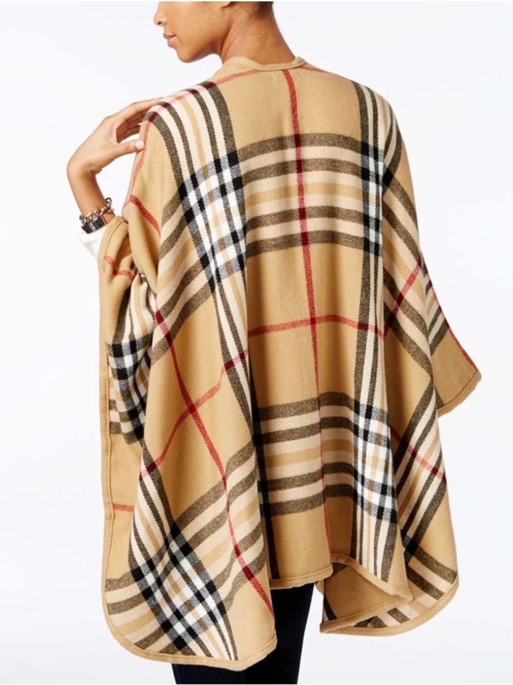 Charter Club Camel Plaid Open-Front Poncho